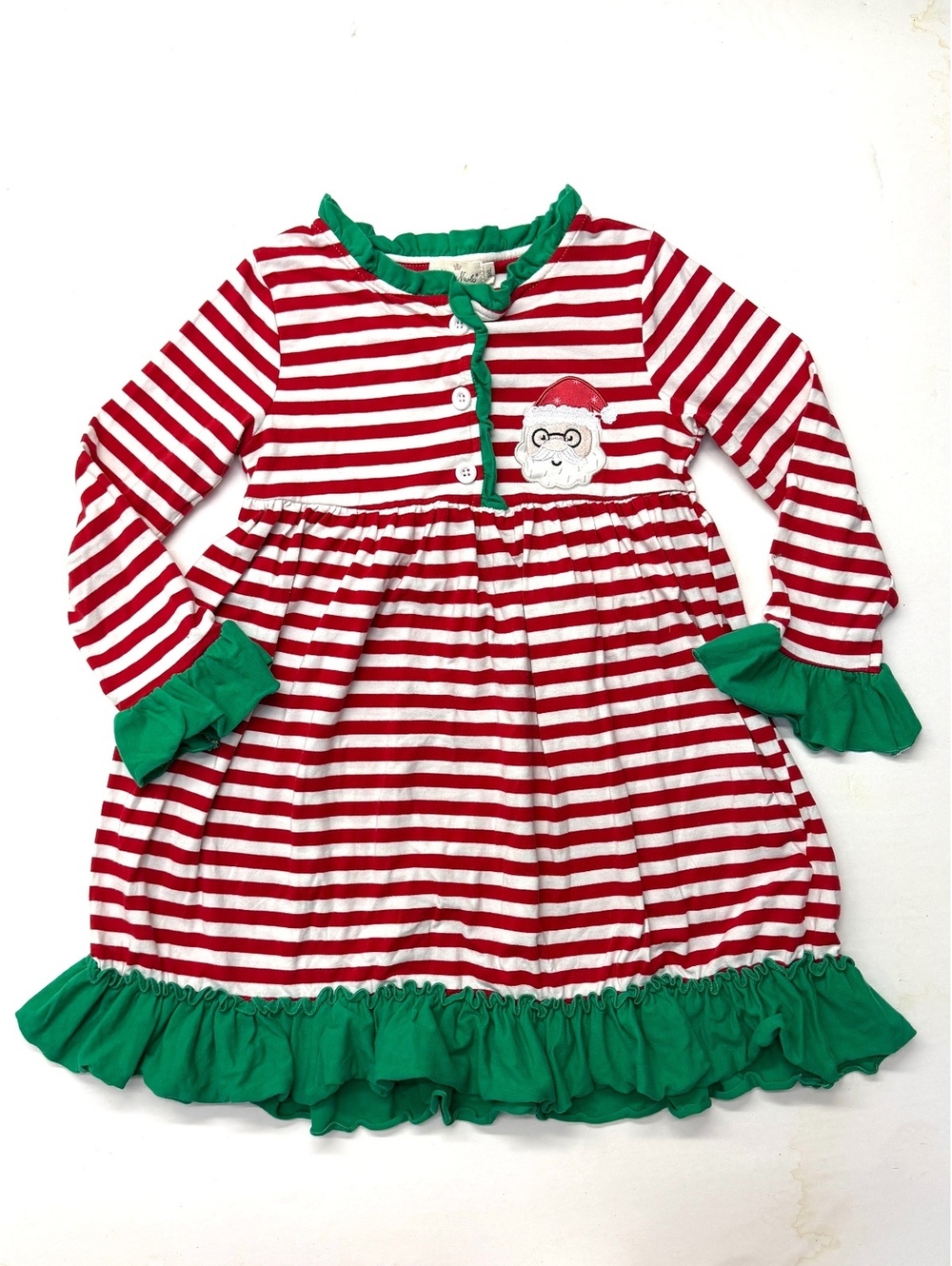 Marie Nicole Christmas Holiday Santa Ruffle Red White Striped Long Sleeve Dress